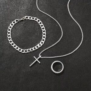 3PCS Men's Fashion Hip Hop Handsome Cross Jewelry Set, Necklace, Ring, Bracelet